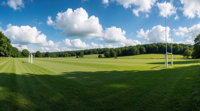 Panoramic view of vast green polo field with white goalposts. Grass pitch sits in rural landscape under blue sky with white clouds. Wide meadow ground for outdoor sport game luxury club event in
