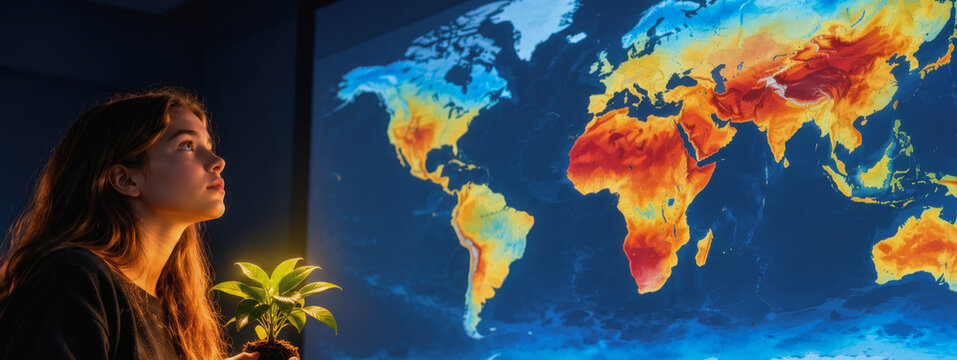 Young woman looking at climate change temperature map of the world holding green plant