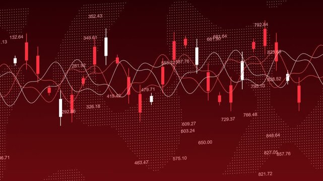 Financial trading chart with candlestick patterns and wave lines moving across a red background
