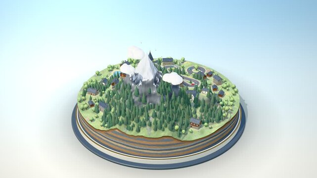 Summer Isometric Alpine Mountain Village Diorama with Switchback Road Turntable Loop
