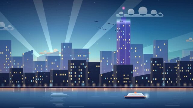 Modern City Skyline at Night Digital Vector Illustration with River and Boat
