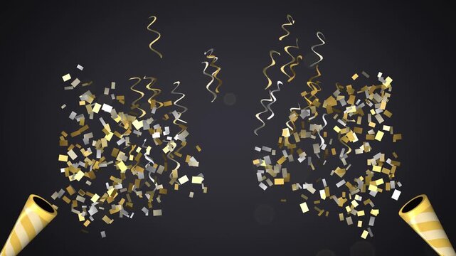 Party popper explosion with streamers and gold confetti in slow motion on a studio background, celebration, 4K
