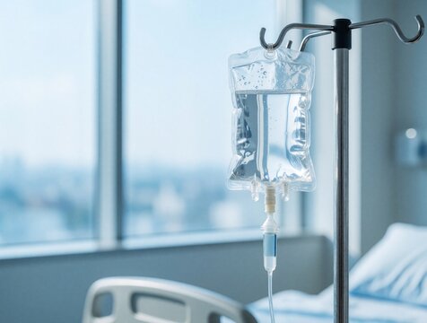 Medical IV drip bag filled with saline solution hangs on metal stand in hospital room. Intravenous fluid therapy for patient treatment near window. Healthcare equipment used for chemotherapy