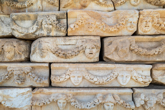 Aphrodisias ancient city, mask designs and decoration, archaeological site in Aydin, Turkey.