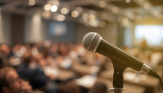 Dynamic microphone on a stand with bokeh in a conference room
