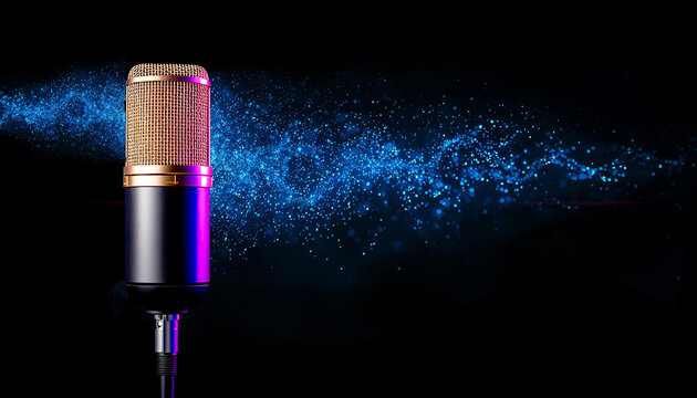Vintage condenser microphone with a dreamy blue bokeh background