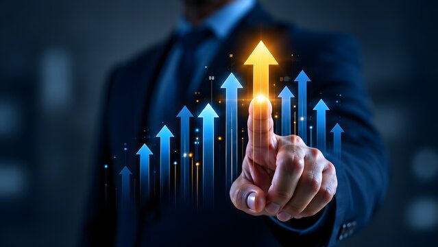 Businessman interacting with a glowing digital growth arrow chart on a touchscreen interface, symbolizing corporate success, financial progress, and data analysis.