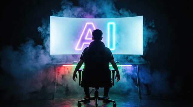 Jugador en silueta, sentado frente a un enorme monitor curvo; la pantalla resplandece con las letras AI en un llamativo color ne&oacute;n, en tonos p&uacute;rpura y cian