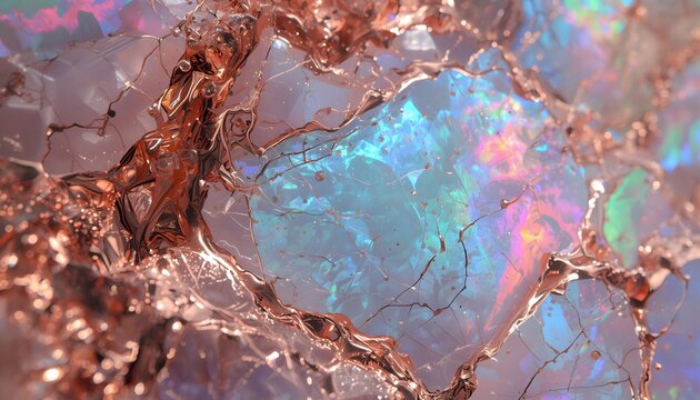 Abstract iridescent opal crystal with liquid rose gold veins background