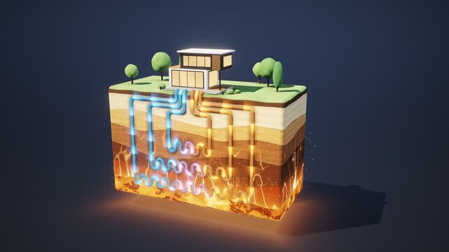 3D Layered Earth Cutaway Showing Geothermal Heating System With Modern House and Magma Layers