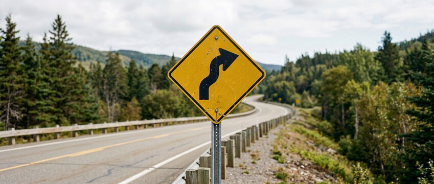 Winding Road Sign Alerting Drivers to Curves Ahead on Scenic Highway with Forested Hills