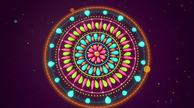 Stunning 3D Diwali rangoli mandala rotating slowly with vibrant sculpted petals and glowing dots