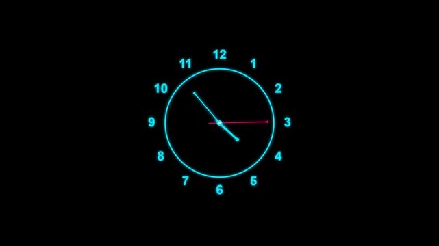 Neon digital clock interface with rotating hands motion