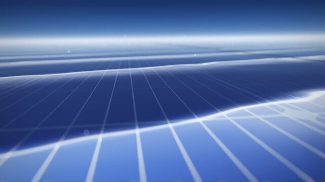 Low macro camera dolly over endless rows of deep blue solar cells with silver busbars