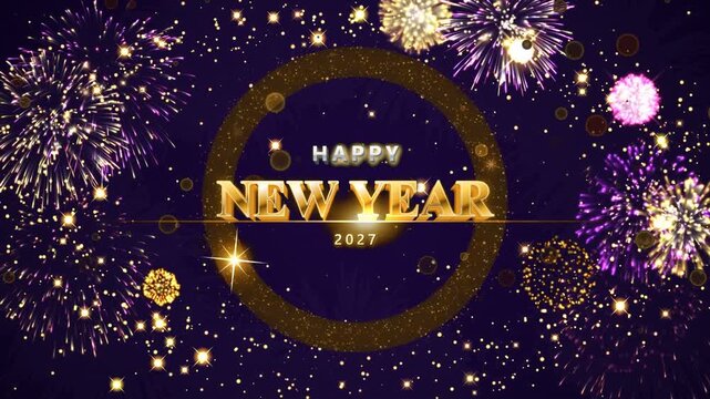 Happy New Year 2027 gold circular ring frame with fireworks in night sky
