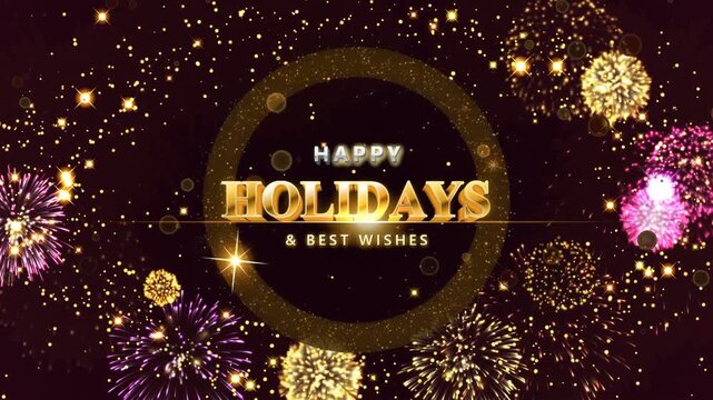 Happy Holidays and Best Wishes golden circular emblem with festive fireworks