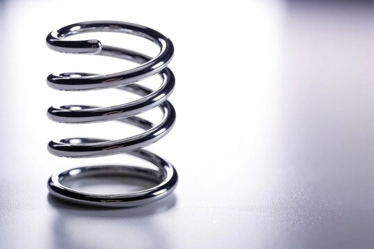 Shiny metal spring stands vertically on white surface. Silver steel coil creates spiral shape with smooth curves. Abstract metallic object shows geometric structure, endless motion. Macro shot of