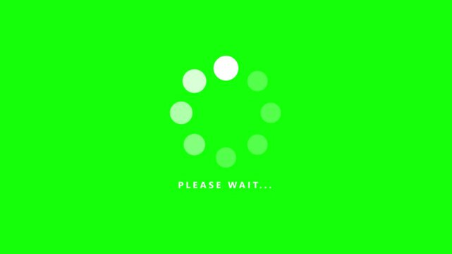 Rotating circular buffering preloader with please wait text animation on green screen chroma key for video editing, app interface and website loading screen