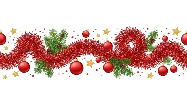 Festive red tinsel garland border with christmas ornaments isolated on a white background