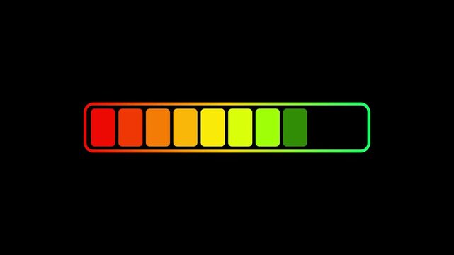 Neon glowing progress bar animation loading from red to green level indicator for technology user interface, digital website preloader and system download status