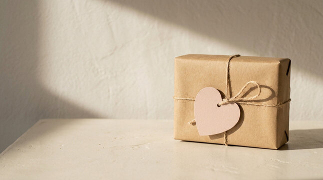 Valentine gift box with heart tag in natural sunlight