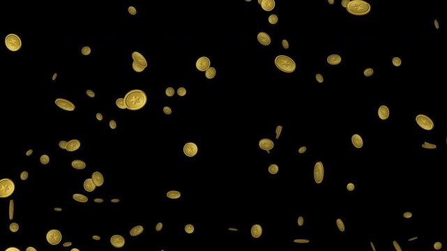 Gold coins falling and spinning across the screen seamless loop