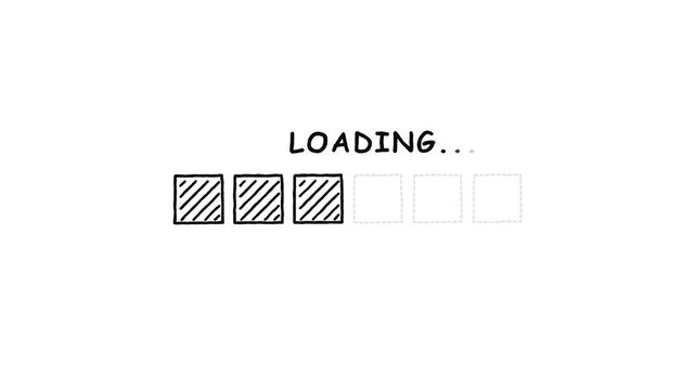 Hand drawn sketch square blocks loading progress bar animation with hatched pattern filling white background for creative website preloader and video editing overlay