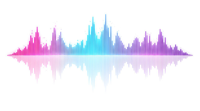 Sound Waveform Visualization: A vibrant and colorful sound wave visualization with a mirrored reflection, showcasing the ebb and flow of audio frequencies in a dynamic spectrum.
