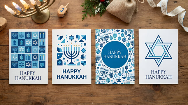 Set of Happy Hanukkah postcards. Modern neo geometric backgrounds. Vector illustration in bauhaus minimalist style. Composition of simple traditional jewish icons. Cards with Menorah