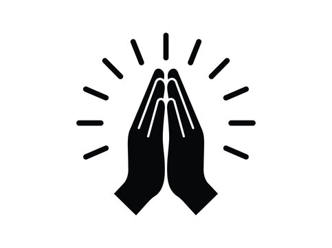 Black silhouette icon of two hands pressed together in a prayer or gratitude gesture with light rays around