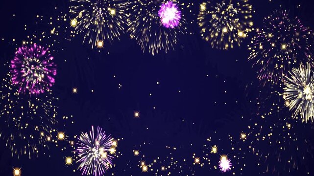 Sparkling fireworks blooming along outer border on dark blue night sky
