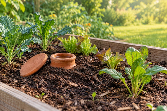 Terracotta olla irrigation pot in a raised vegetable garden