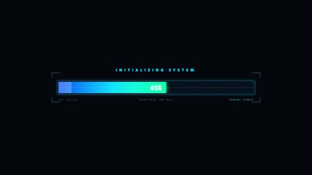 Futuristic sci-fi HUD system initializing progress bar animation with glowing blue gradient, data transfer rate and percentage counter for cybersecurity interface and gaming overlay