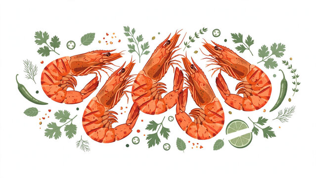 grilled prawns with rich red-orange seasoning and herb garnish, premium vector illustration, limited coral-green palette, white background