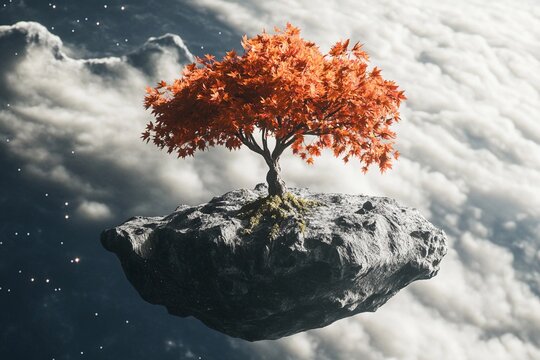 Cosmic maple tree thrives on a lonely asteroid in the vast universe