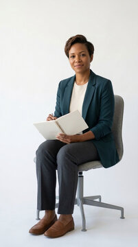Professional Woman Sitting on Chair with Notebook Confident Businesswoman