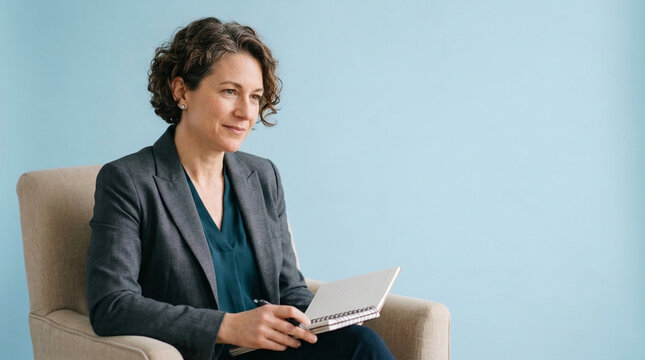 Professional Woman in Suit Sitting with Notebook and Pen Looking Away Confident Light Blue Background