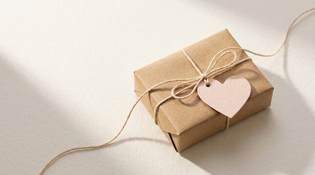 Valentine gift box with heart tag on neutral background