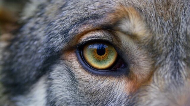 Extreme macro photorealistic cinematic footage of a realistic gray wolf's eye with a subtle green-gold iris
