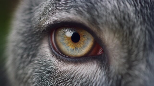 Extreme macro photorealistic cinematic footage of a wild wolf's eye with a pale hazel iris
