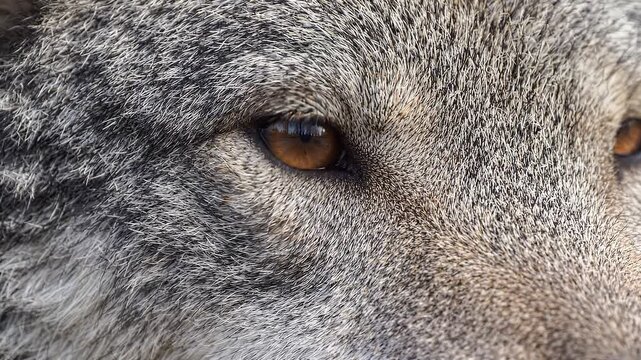 Extreme macro photorealistic cinematic footage of a wild gray wolf's eye with a captivating amber iris
