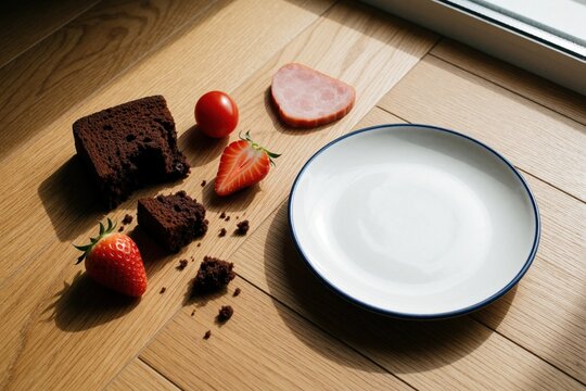 Chocolate cake slices, strawberry pieces lie on wooden floor next to empty white plate. Salami slice, cherry tomato scattered on timber surface. Messy dessert accident after food drop in kitchen