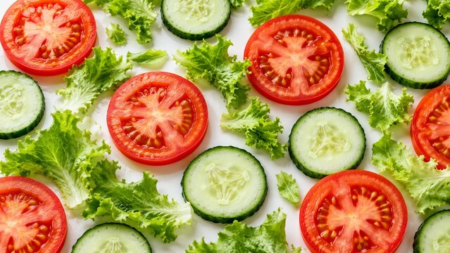 Sliced tomato and cucumber with scattered lettuce leaves in pattern on white background, fresh salad concept