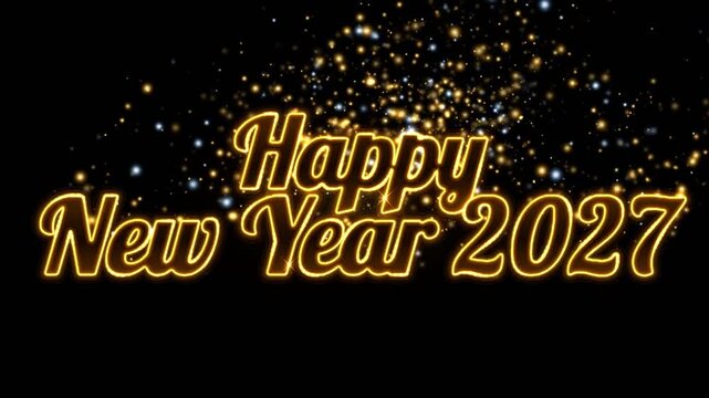 Happy New Year 2027 glowing gold cursive lettering with confetti shower