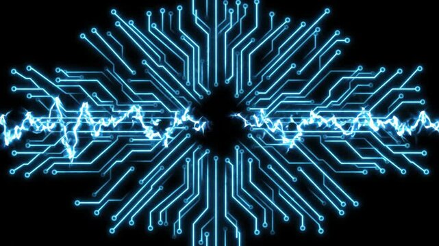 Glowing blue circuit board pattern with pulsing electricity lines transmitting digital data across screens