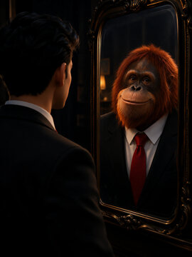 An image of a man in a suit looking into a mirror, but the reflection in the mirror instead shows an orangutan wearing a suit and a red tie.