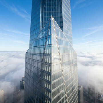 Modern skyscraper piercing clouds, aerial view, futuristic architecture