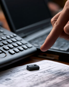 Finger Hovering Over Desk Phone Callback Button Near Payment Form and Security Key with Practical Visual Detail