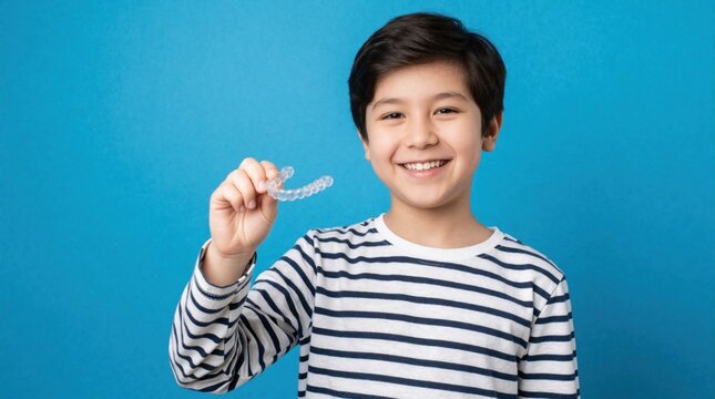 Happy young boy holds clear aligner for teeth straightening. Smiling kid presents transparent orthodontic appliance against blue background. Dental care concept for children showing invisible braces