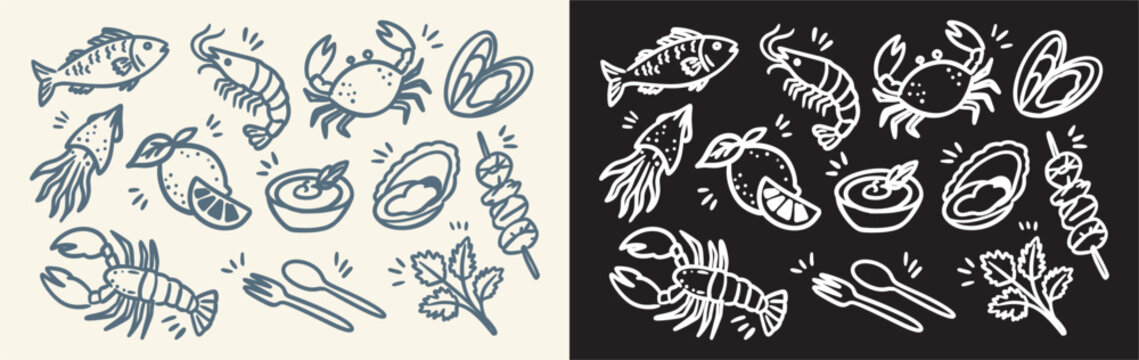 Hand drawn seafood doodle element set vector illustration